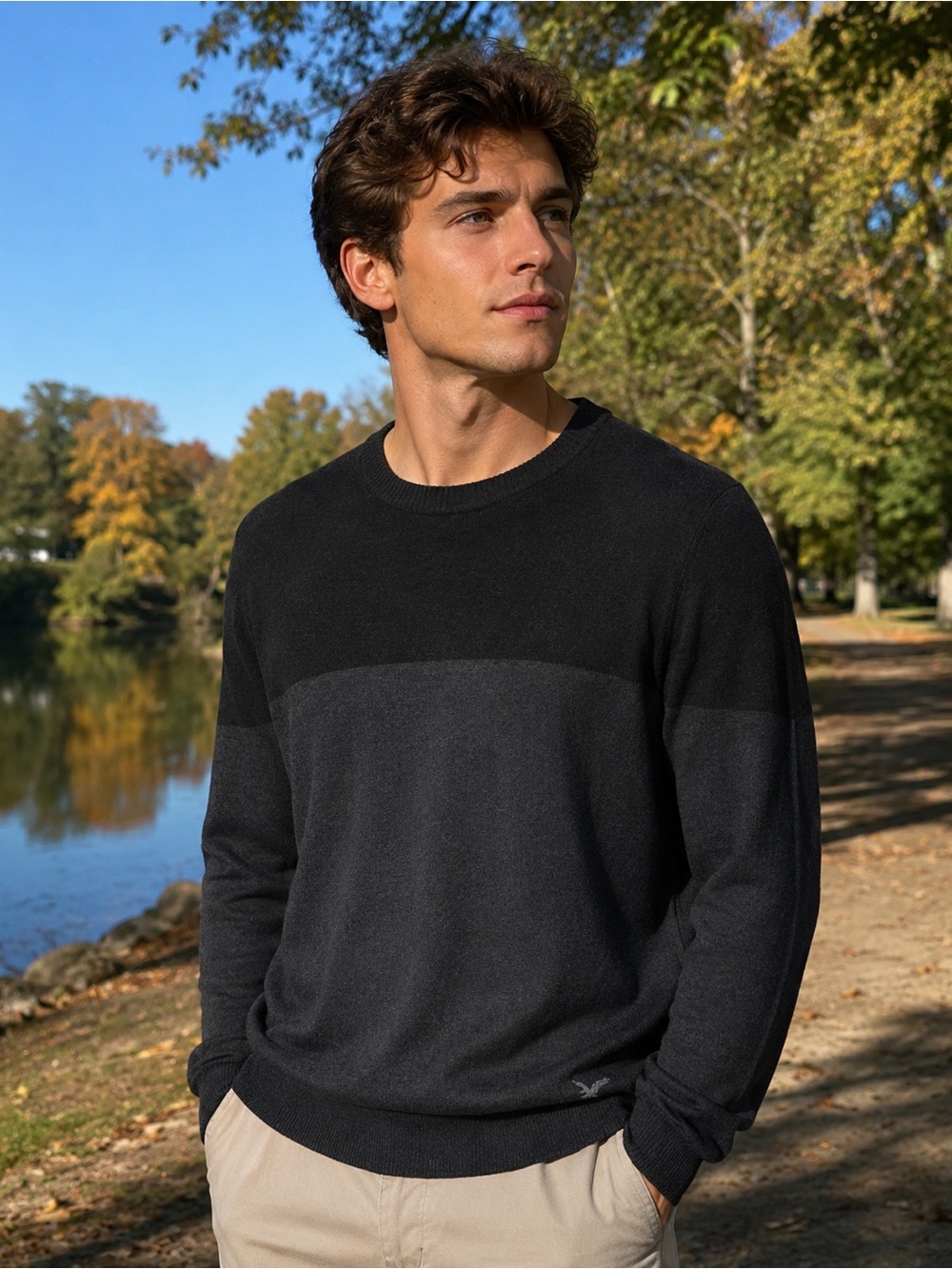 American Eagle Outfitters Men's Two-Tone Black Crewneck Sweater